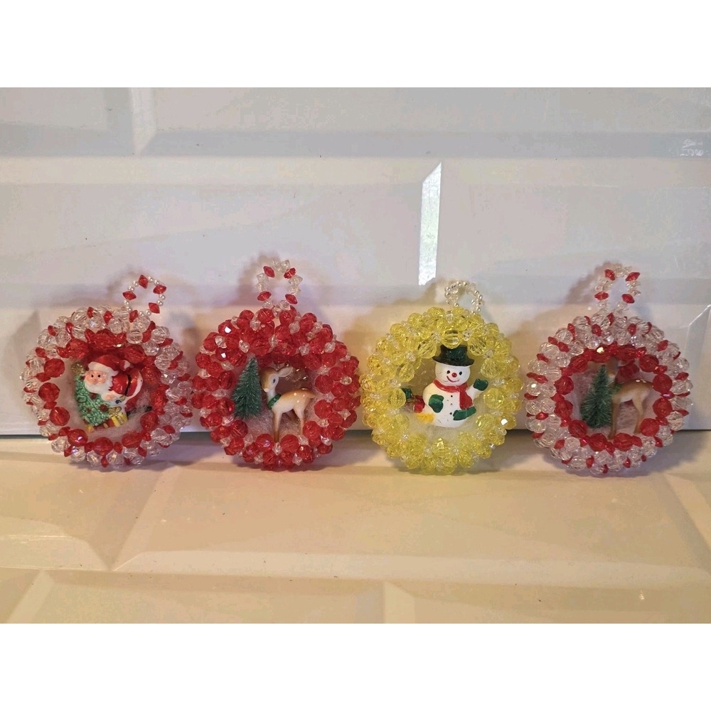 4-Vtg RETRO 70s Diorama Santa, Snowman & Deer Bead Christmas Ornaments Handmade